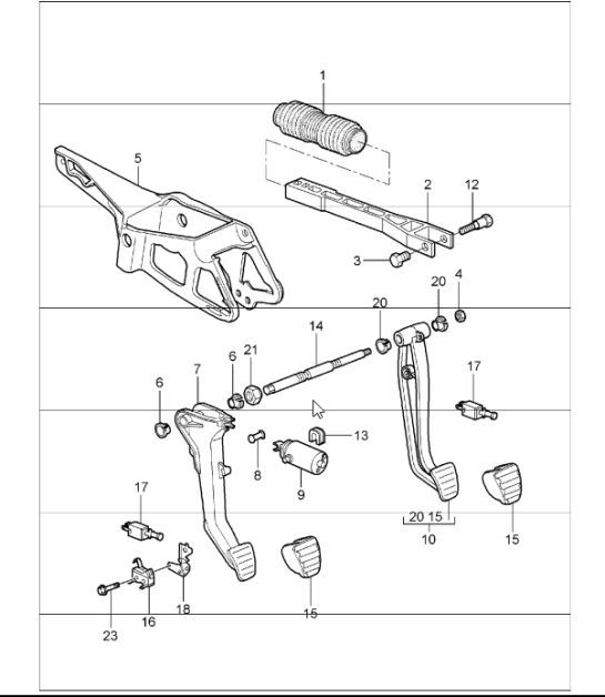 Diagram 702-00 Porsche Cayman T 718 2.0L Manual (300Bhp) Hand Lever System, Pedal Cluster 