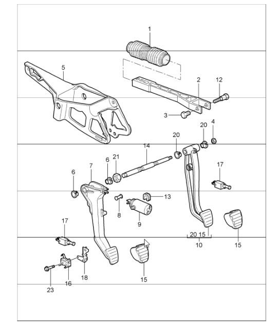 Diagram 702-00 Porsche 997 MKII GT2 RS 2011>> Hand Lever System, Pedal Cluster 