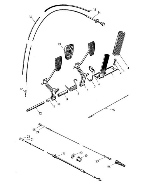 Diagram 702-000 Porsche 356 (1950-1965) Handhebelsystem, Pedalgruppe 