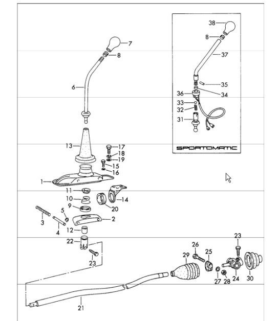 Diagram 701-00 Porsche 911 & 912 (1965-1989) Hand Lever System, Pedal Cluster 