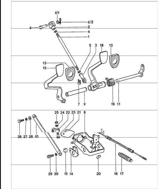 Diagram 702-10 Porsche Cayman GTS 718 2.5L Schaltgetriebe (365 PS) Handhebelsystem, Pedalgruppe 