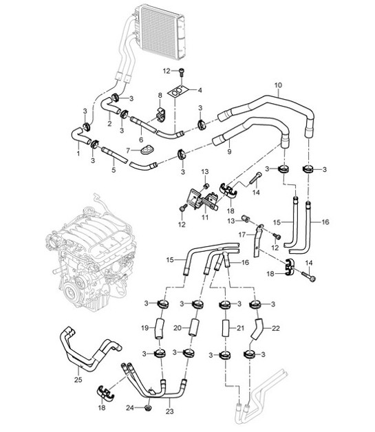 Heating with Auxiliary air conditioner / Feed line / Return line (PR:D9J,9AH) Cayenne 9PA (955) 3.2L 2003-06