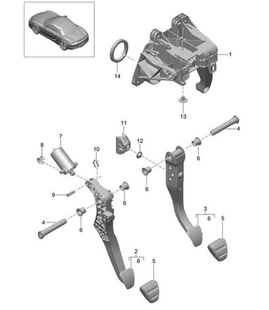 Diagram 702-000 Porsche Boxster 986/987/981 (1997-2016) Hand Lever System, Pedal Cluster 