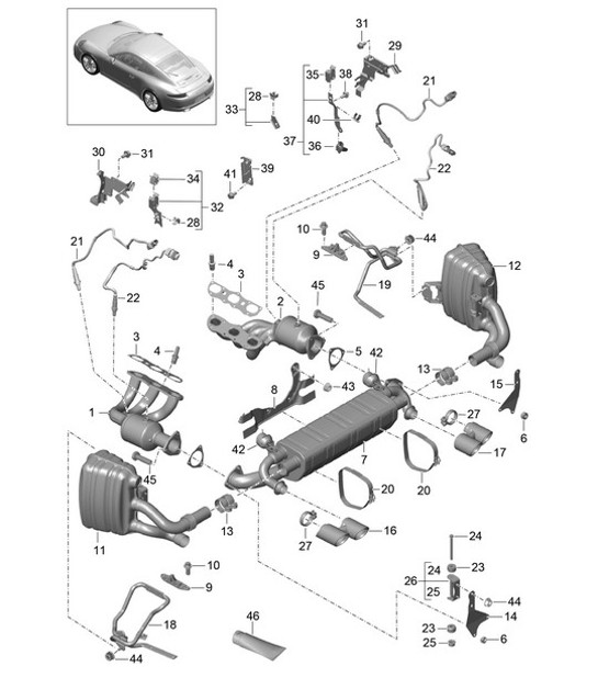 Diagram 202-000 Porsche 997 MKII Carrera C4S 3.8L 2009>> Kraftstoffsystem, Abgassystem